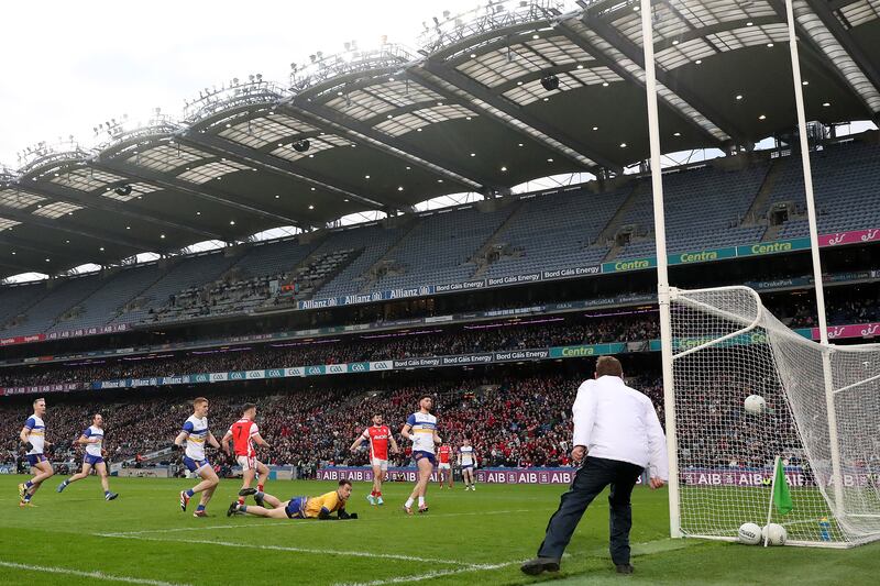 Peadar Ó Cofaigh Byrne scores a goal for Cuala. Photograph: Bryan Keane/Inpho