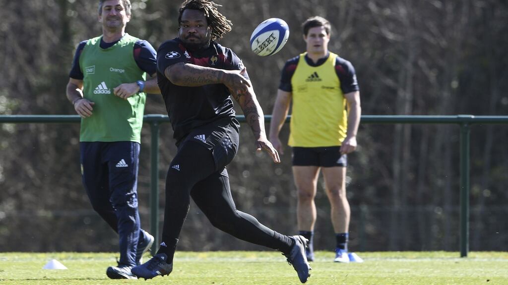 France midfielder Mathieu Bastareaud takes part in a training session in Marcoussis as part of the team’s preparation for Saturday’s Six Nations match against Wales in Cardiff. Photograph: Alain Jocard/AFP/Getty Images
