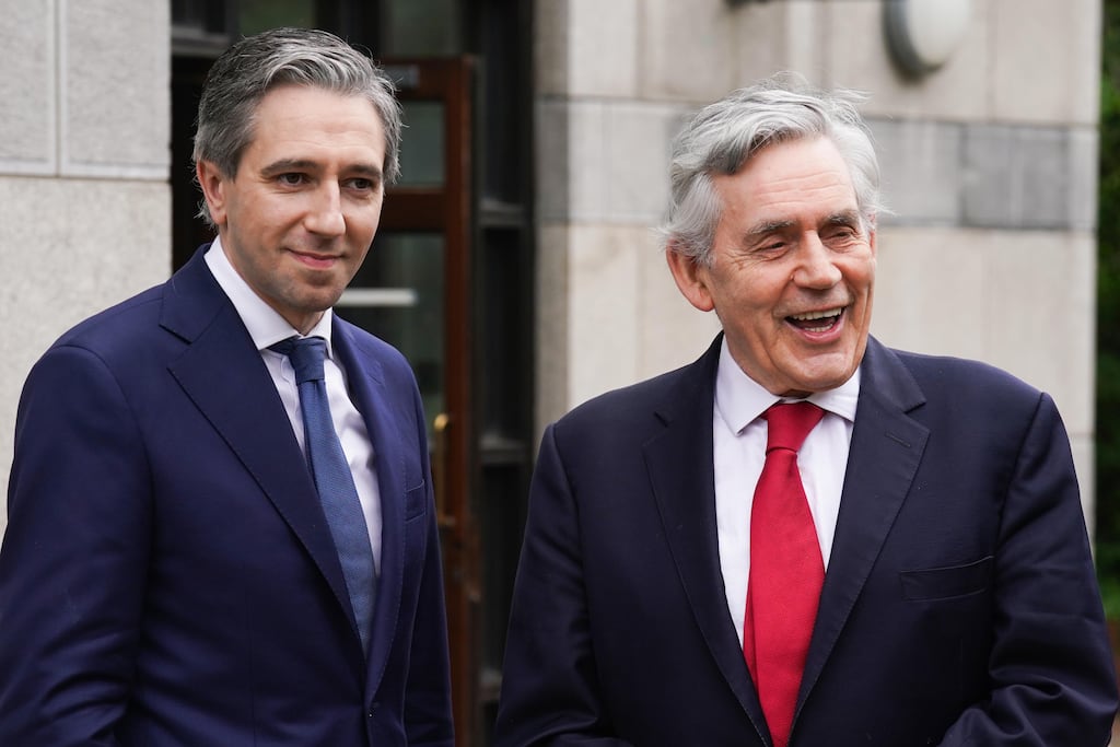 Taoiseach Simon Harris and former UK prime minister Gordon Brown arrive at the inaugural Child Poverty and Wellbeing Summit at Hibernia Conference Centre, Dublin Castle, on Thursday morning. Photograph: Brian Lawless/PA Wire