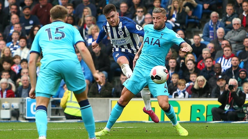 Aaron Connolly of Brighton and Hove Albion scores his team’s third goal during the Premier League match against Tottenham Hotspur. Photograph: Charlie Crowhurst/Getty