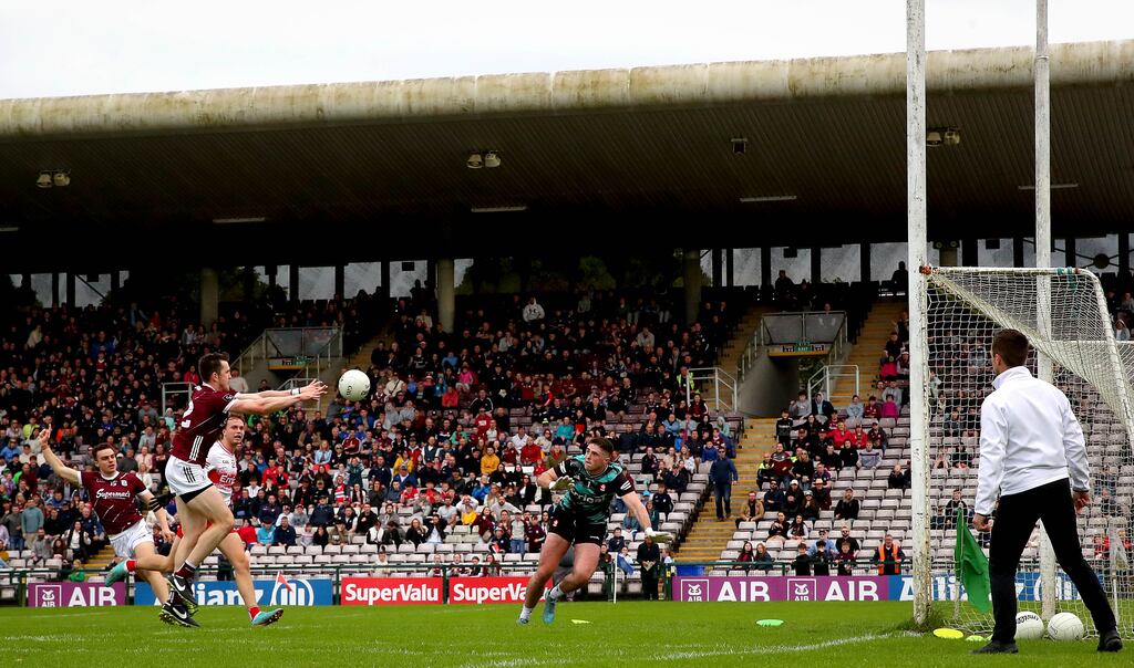 Galway’s Cein Darcy scores the second goal of the game against rivals Derry earlier in May. Photograph: Ryan Byrne/Inpho