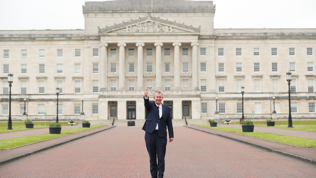DUP leader Edwin Poots could be facing a form of direct rule under Boris Johnson and, almost certainly, a cementing into permanence of the protocol. Photograph: Kelvin Boyes