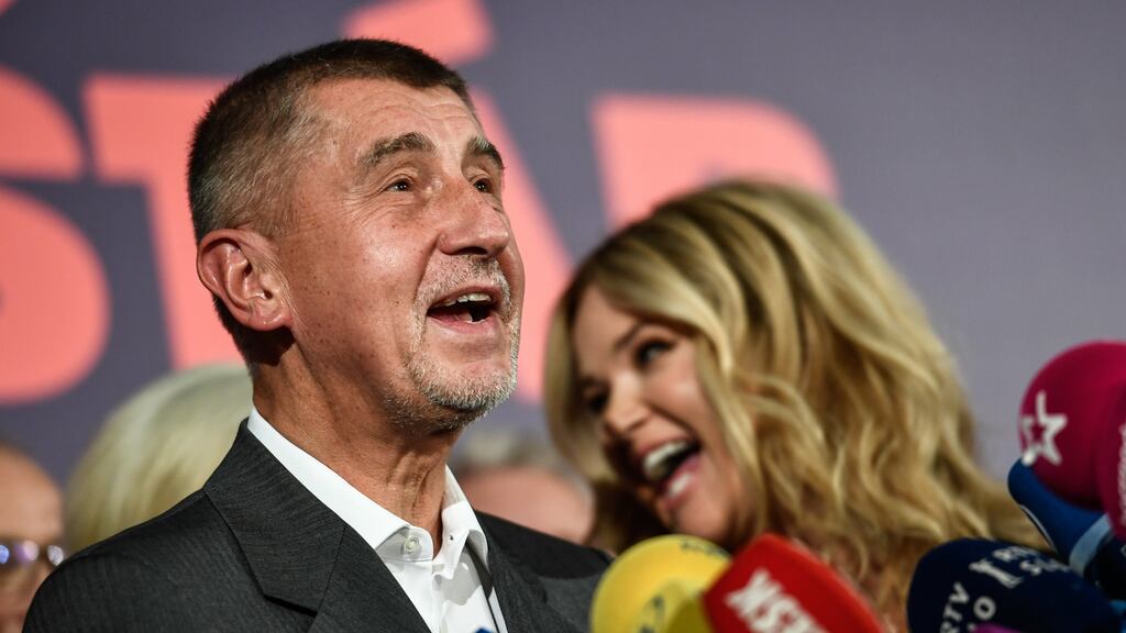 Andrej Babis, Slovak-born billionaire and leader of the Ano movement, with his wife Monika after the first results of Czech parliamentary elections in Prague. Photograph: EPA