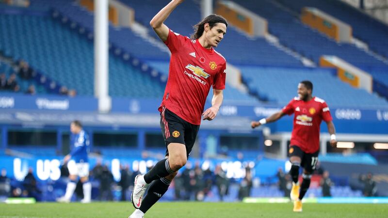 Edinson Cavani celebrates his first goal for United. Photo: Clive Brunskill/PA Wire.