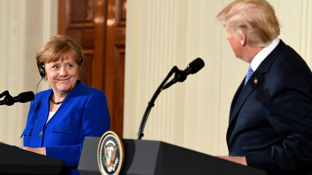 German chancellor Angela Merkel said she had spoken to Emmanuel Macron and Theresa May since returning from her Friday talks in Washington with Donald Trump. Photograph: Susan Walsh/AP Photo