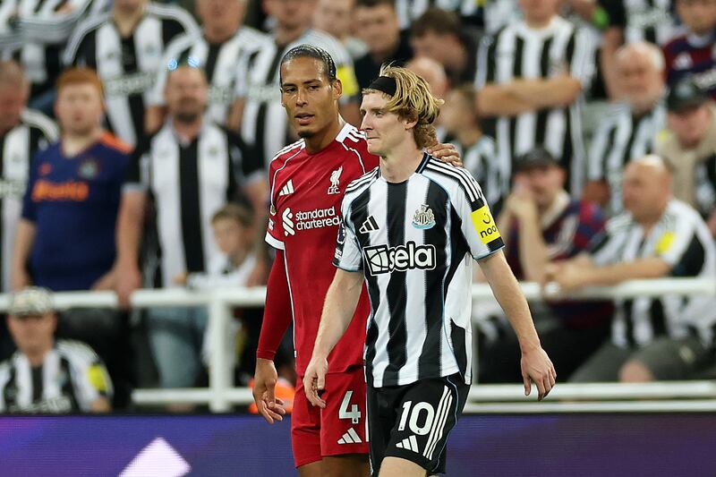 Anthony Gordon of Newcastle United reacts having being shown a red card by referee Simon Hooper. Photograph: Stu Forster/Getty