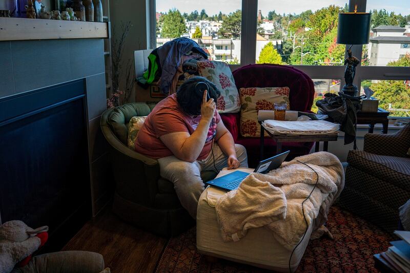 Because of her implanted device, Sarah has been able to move to her own apartment and take classes in data analysis. Photograph: Ruth Fremson/New York Times