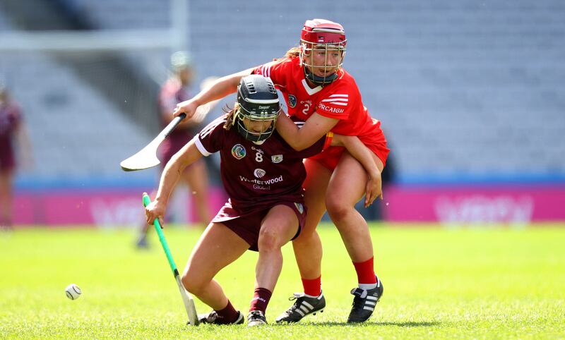 Cork’s Meabh Murphy and Aoife Donohue of Galway in the Very Camogie League Division 1A final at Croke Park, Dublin, on Sunday. Photograph: Ryan Byrne/Inpho