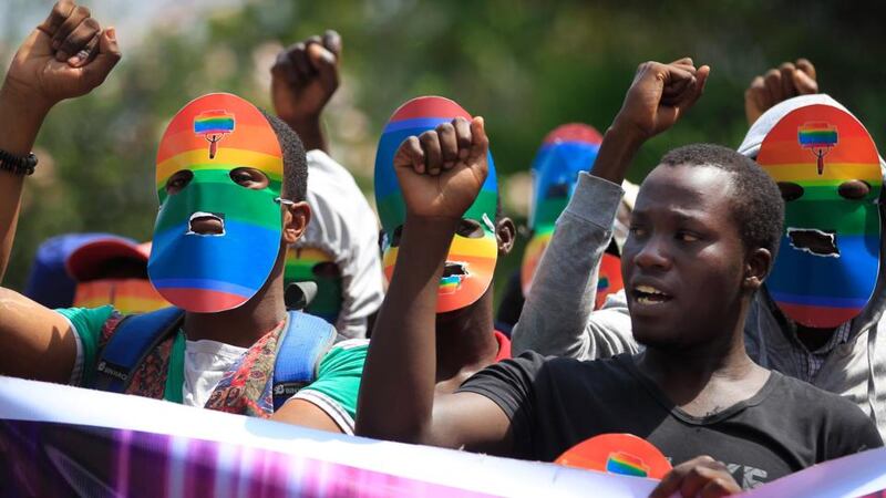 Kenyan supporters of the LGBT community chant slogans against Uganda’s anti-gay bill in front of the Ugandan High Commission in Nairobi, Kenya, last week. Photograph: Dai Kurokawa/EPA