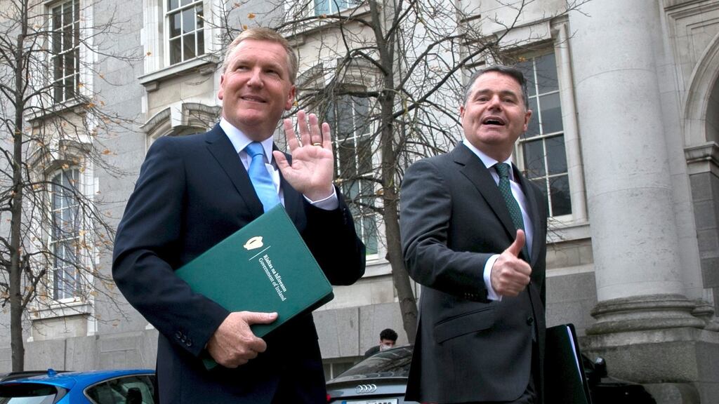 Minister for Public Expenditure and Reform Michael McGrath and Minister for Finance Paschal Donohoe arriving at Government Buildings before presenting Budget 2022. Photograph: Gareth Chaney /Collins Photos Dublin
