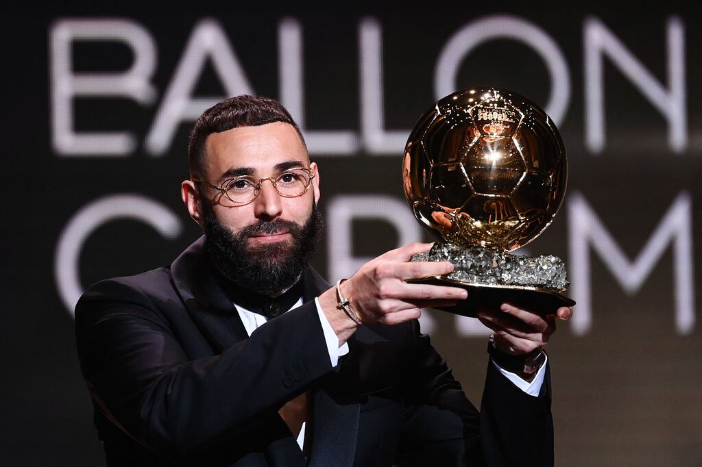 Real Madrid's French forward Karim Benzema receives the Ballon d'Or. Photograph: Franck Fife/AFP via Getty