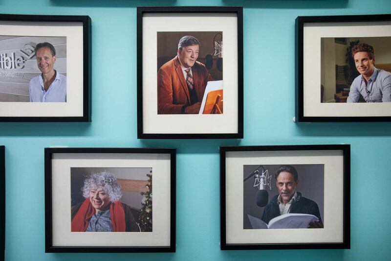 A wall of fame at Audible’s studio in London. Photograph: Fabio De Paola/Guardian