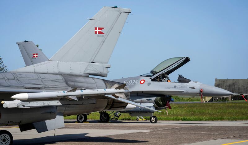 Danish F-16 fighter jets at the Fighter Wing Skrydstrup Air Base near Vojens, Denmark on May 25th, 2023. Photograph: Bo Amstrup/Ritzau Scanpix/AFP/Getty