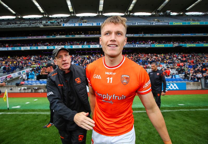 Armagh manager Kieran McGeeney with key player Rian O'Neill who will have to be at his best if the county is to prevail against Galway. Photograph: Ryan Byrne/Inpho