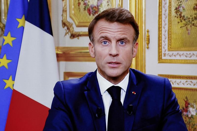French president Emmanuel Macron during a televised address to the nation on the conflict between Israel and Hamas. Photograph: Ludovic/AFP/Getty Images