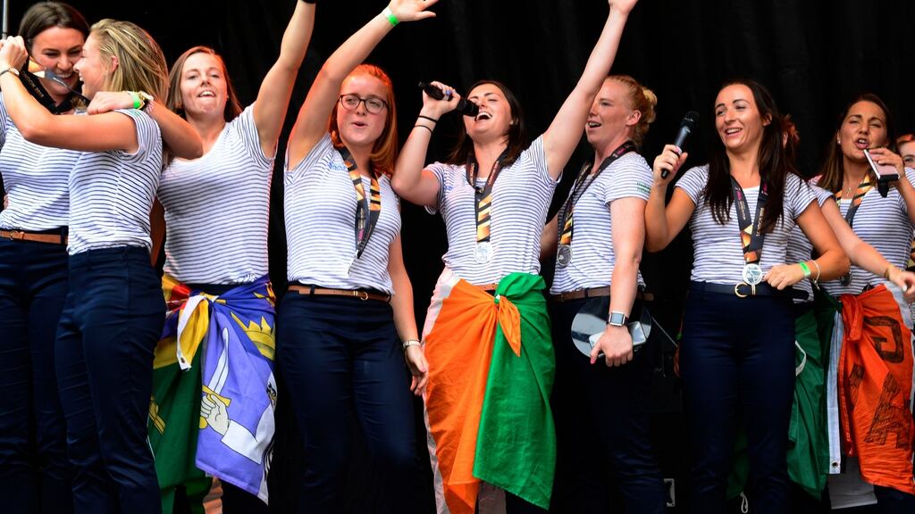 The Irish Hockey following their reception at City Hall. The fabulous women who mesmerised us all on both sides of the Border are from Coleraine and Cork, from Belfast and Dublin, from Derry and Larne. Photograph: Cyril Byrne