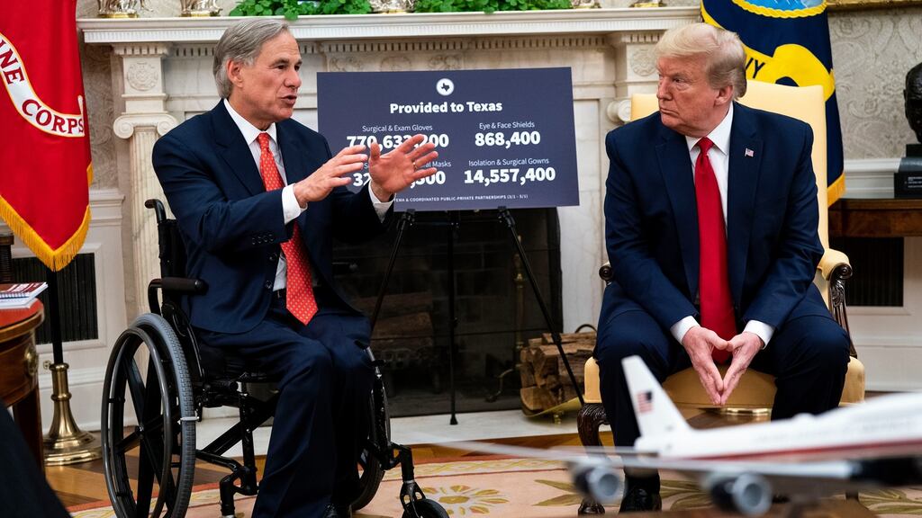 President Donald Trump with Republican Texas Gov. Greg Abbott in the White House, May 7th. Photograph: Doug Mills/The New York Times