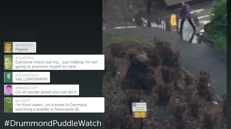 The puddle outside Drummond Central in Newcastle upon Tyne, which became an internet sensation with tens of thousands of people watching it on Periscope. Photograph: Periscope/PA Wire