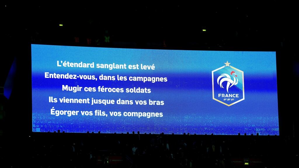 The words to La Marseillaise on screens prior to the international friendly match between England and France at Wembley Stadium. Photograph: Mike Egerton/PA Wire