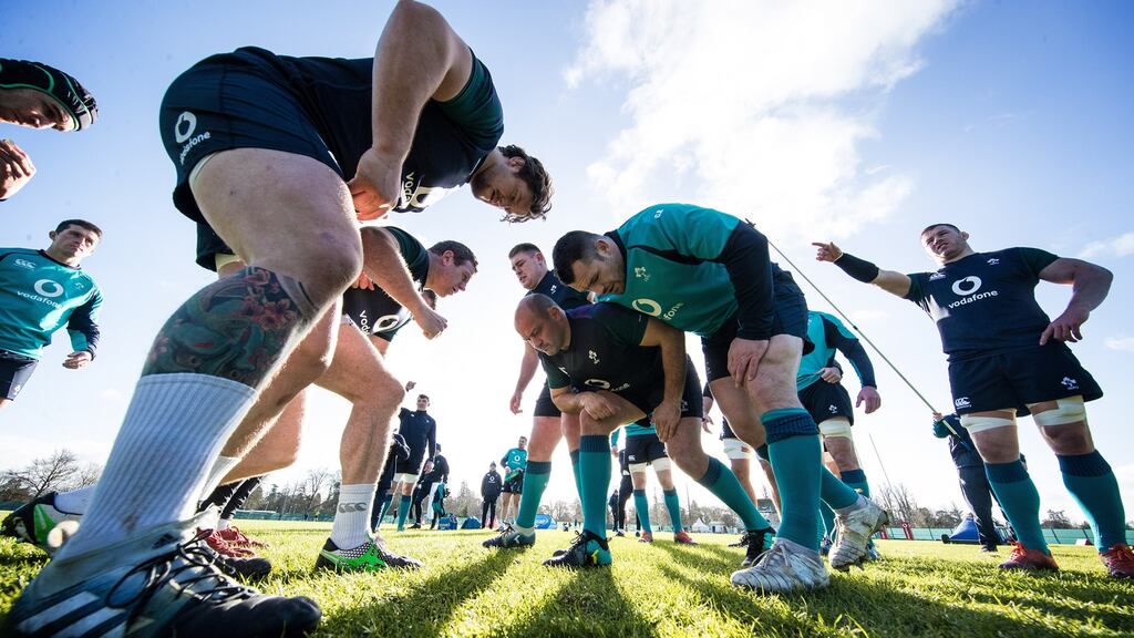 Andrew Porter, Sean Cronin, Tadhg Furlong, Rory Best, Cian Healy and Sean O’Brien during Ireland training ahead of the Six Nations meeting with Scotland at Murrayfield. Photo: Billy Stickland/Inpho