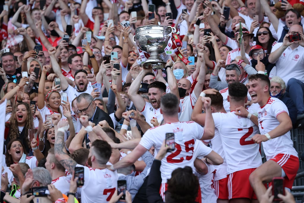 Tyrone celebrate beating Mayo in the 2021 All-Ireland senior football championship final at Croke Park. Sport, by its nature, has always provided an opportunity for the North to show the best of itself. Photograph: Dara Mac Dónaill