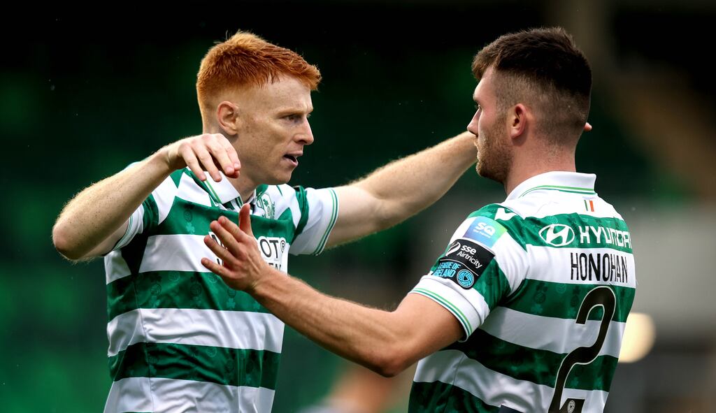 Shamrock Rovers striker Rory Gaffney, left, celebrates scoring the first goal of the game with team-mate Josh Honohan. Photograph: Ryan Byrne/INPHO