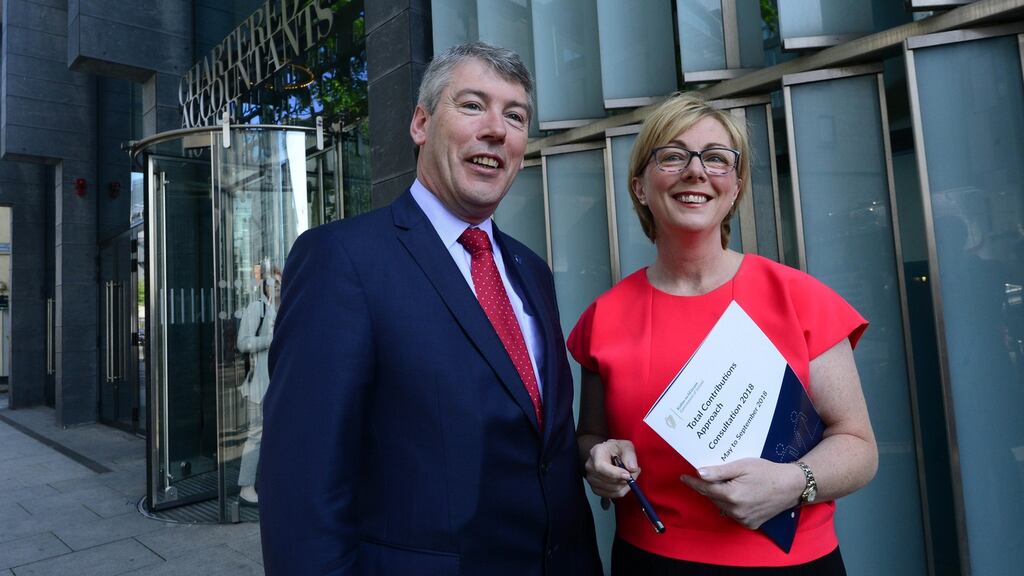 Minister Regina Doherty with Tim Duggan, assistant secretary at the Department of Employment, at the launch of the public consultation on State pension reform. Photograph: Cyril Byrne / The Irish Times