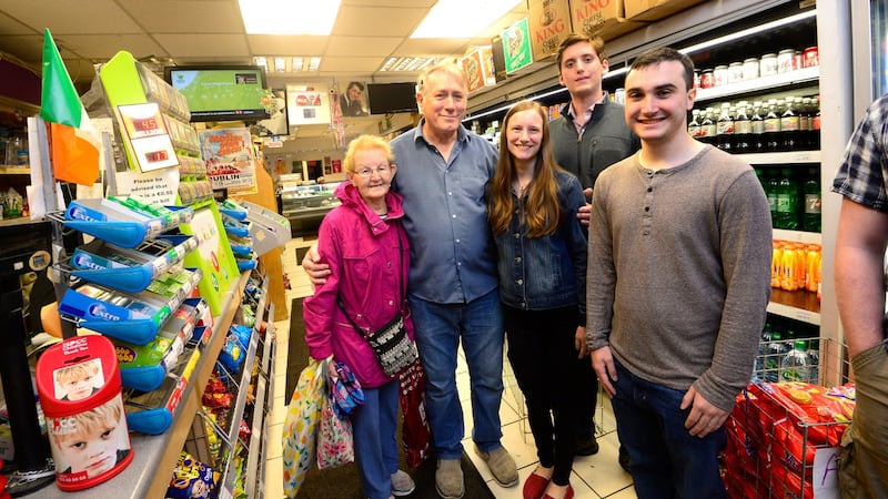 Shopkeeper Noel Fleming on Meath Street with local woman Teresa Holt of James’s Street and American students Stephanie Hauer, Jackson Michaels and Steven Baumann during their tour of the Liberties. Photograph: Cyril Byrne
