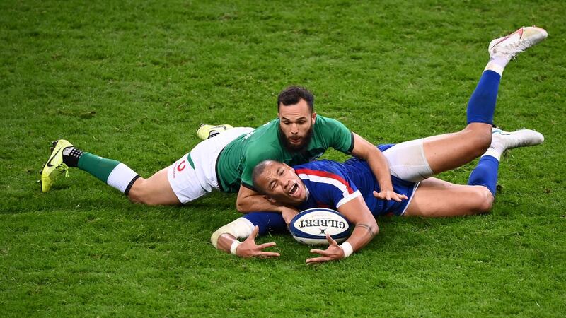 Jamison Gibson-Park tackles Gael Fickou during Ireland’s defeat to France. Photograph: Franck Fife/Getty/AFP