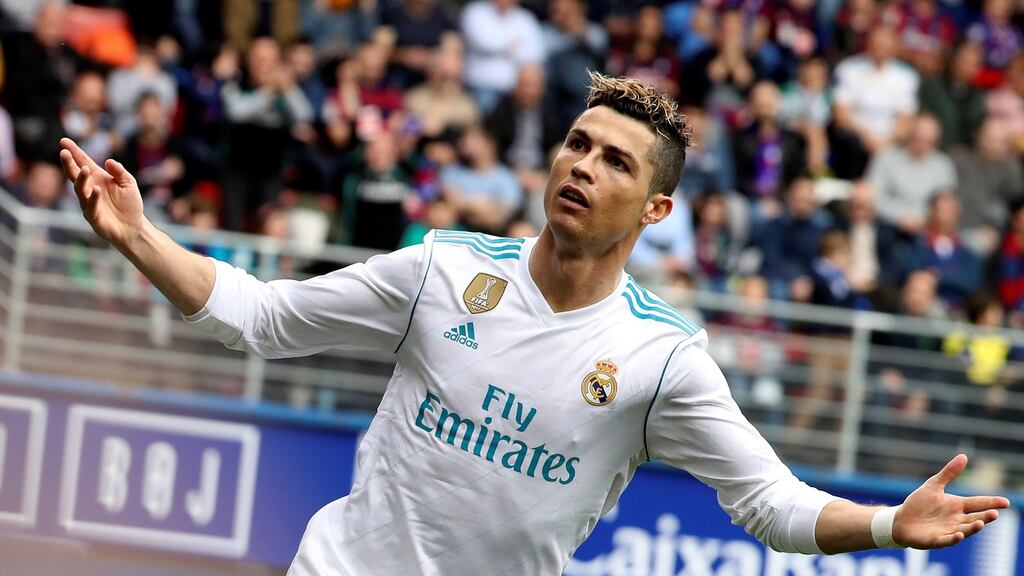 Real Madrid’s Cristiano Ronaldo celebrates after scoring the opening goal against Eibar during the La Liga Primera Division match played at Ipurua stadium in Eibar. Photograph: Javier Etxezarreta/EPA