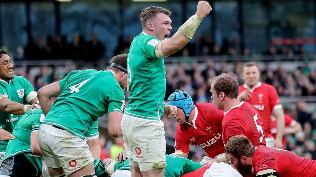 Peter O’Mahony celebrates during the Six Nations match against Wales at the Aviva stadium on Saturday. Photograph: Bryan Keane/Inpho