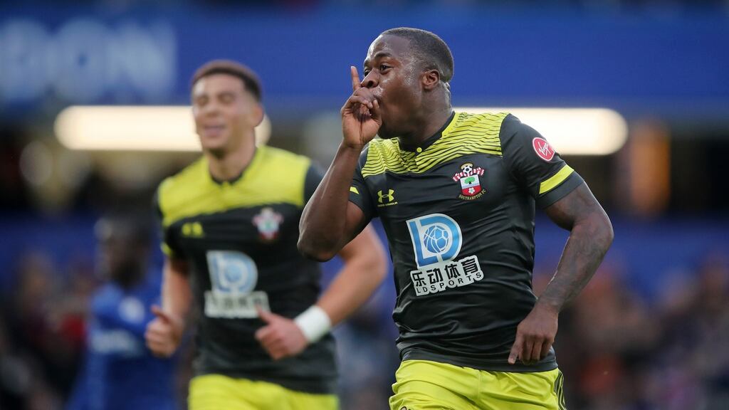 Irish striker Michael Obafemi celebrates his goal for Southampton at Stamford Bridge. Photograph: Marc Atkins/Getty Images