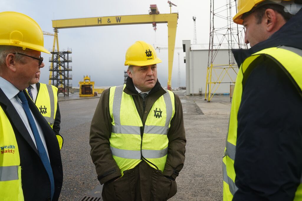 UK defence secretary Ben Wallace during a visit to Harland & Wolff shipyard factory in Belfast on Wednesday. The yard is due to build its first ships since 2002. Photograph: Brian Lawless/PA