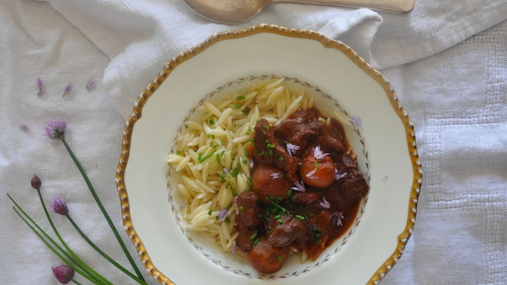 Beef stifado served with orzo