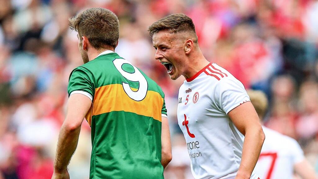 Tyrone’s Michael McKernan gets in Adrian Spillane’s face on Sunday. Photograph: Tommy Dickson/Inpho