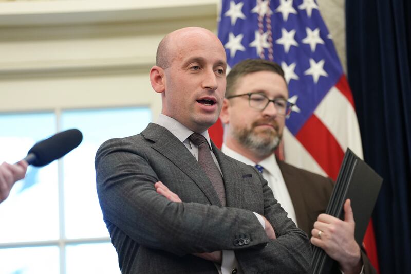 Stephen Miller, the White House deputy chief of staff, speaks as President Donald Trump signs executive orders in the Oval Office of the White House in Washington, on Wednesday, April 9th, 2025. Photograph: Eric Lee/The New York Times