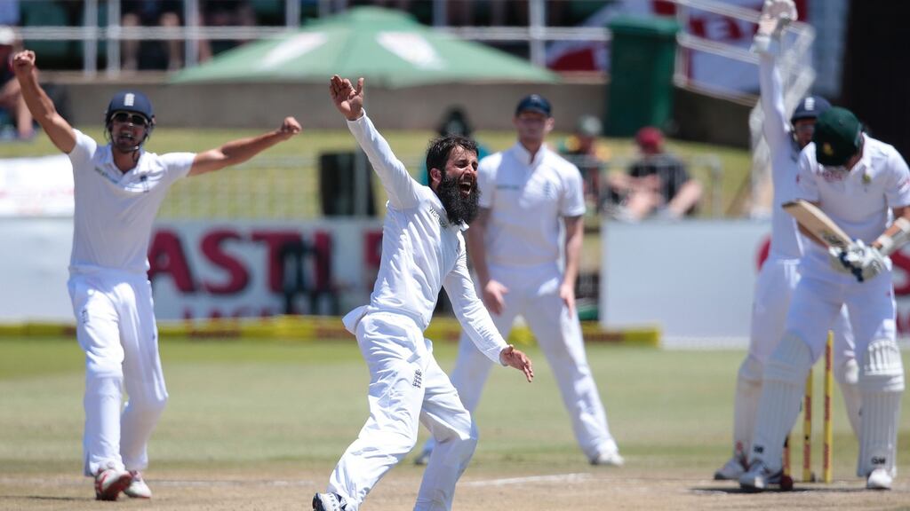 Moeen Ali took three wickets on the final morning as South Africa collapsed to give England a 241 run win in the first Test at Durban. Photograph: Afp