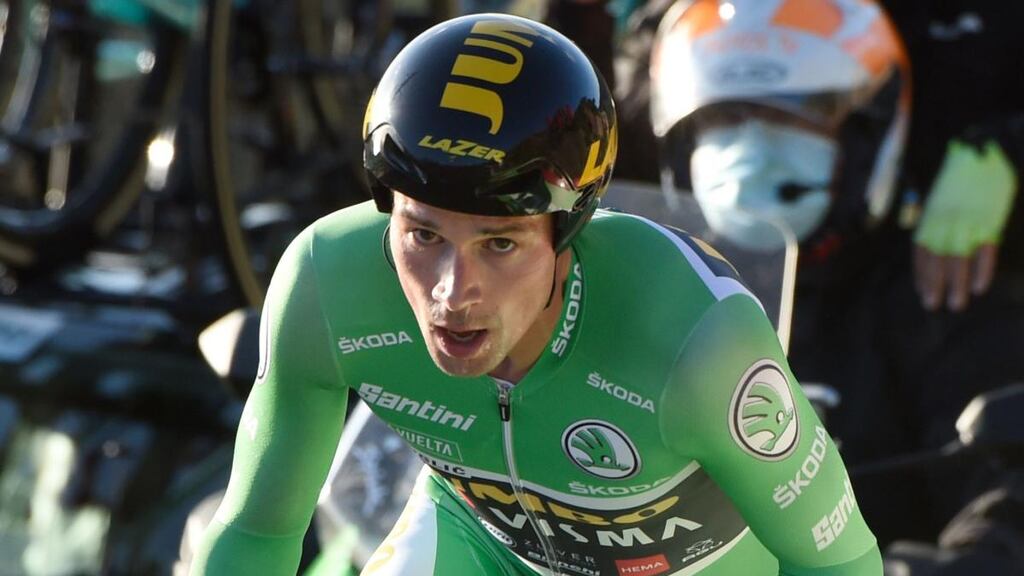 Slovenia’s Primoz Roglic in action during the stage 13 time-trial at the Vuelta a España. Photograph: Miguel Riopa/AFP via Getty Images