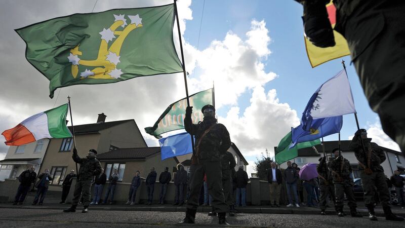 A Plough and the Stars flag flies at a 32 County Sovereignty Movement parade on Easter Monday at Creggan Cemetery, Derry for a commemoration of the centenary  of the 1916  Rising. Photograph: Clodagh Kilcoyne/Reuters
