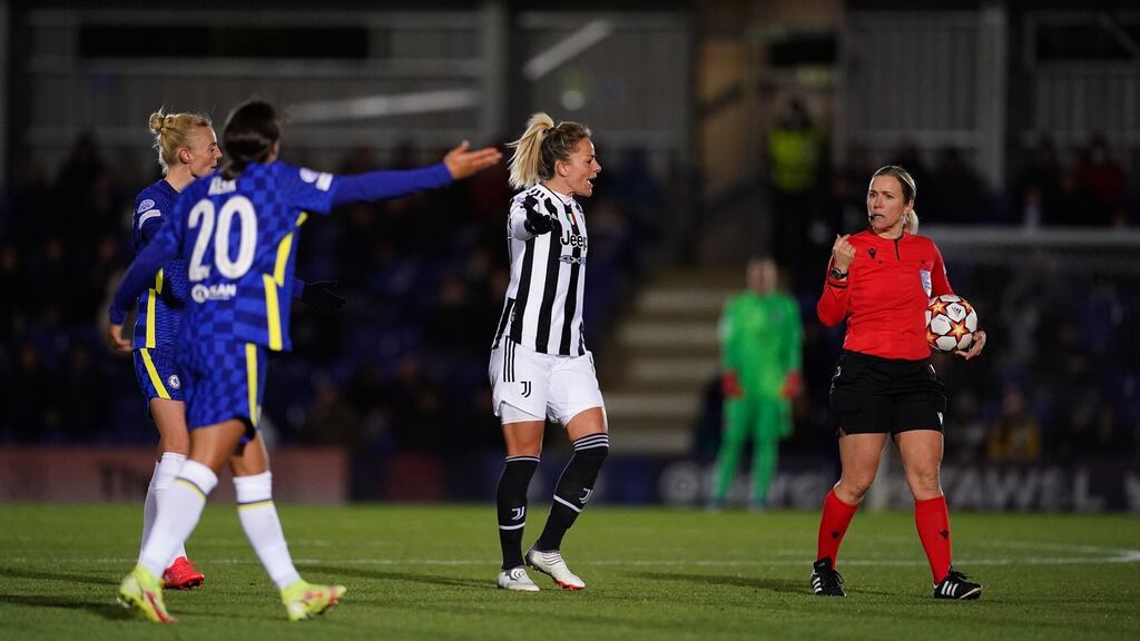 Chelsea’s Sam Kerr prior to being booked by the referee, Sara Persson for grounding a pitch invader during the Uefa Women’s Champions League match against Juventus. Photo: John Walton/PA Wire