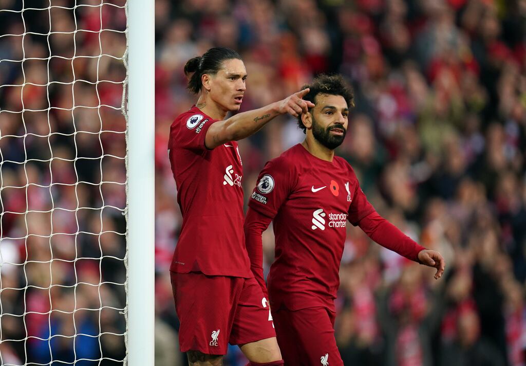 Liverpool's Darwin Nunez celebrates scoring his second goal against Southampton at Anfield. Photograph: PA