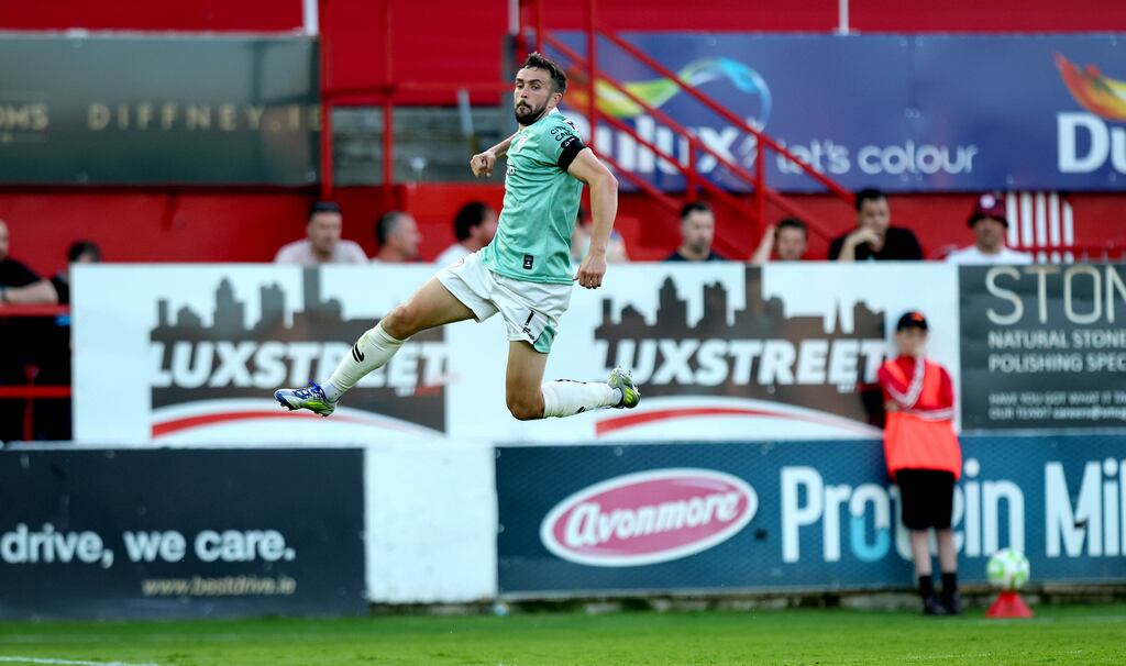 Michael Duffy celebrates scoring for Derry City at Tolka Park. Photograph: Ryan Byrne/Inpho