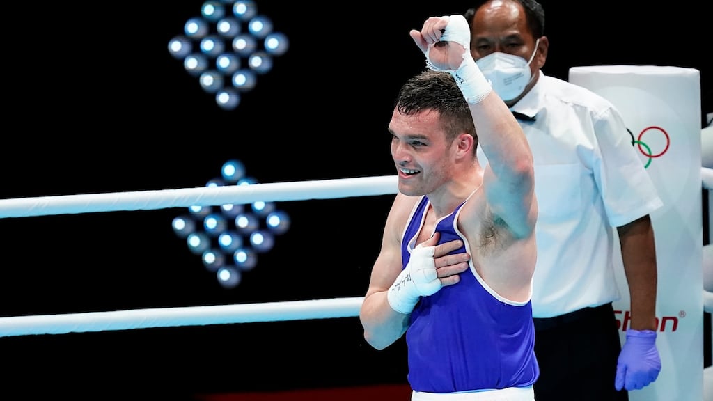 Ireland’s Emmet Brennan celebrates qualifying for the Tokyo Olympics after winning his box-off against Sweden’s Liridon Nuha in Paris. Photograph: Dave Winter/Inpho