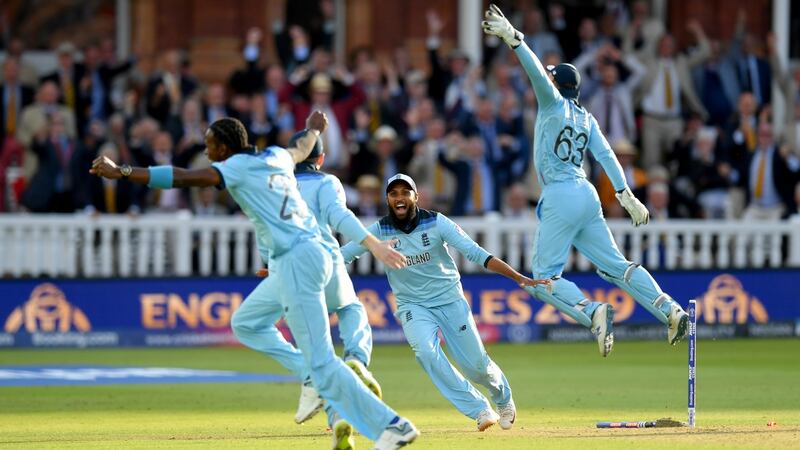 England celebrate their dramatic World Cup final win over New Zealand. Photograph: Mike Hewitt/Getty