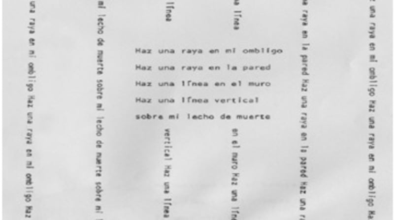 Carmen Berenguer wrote her poem mostly in tercets – poems of three lines – but also decided to add a visual dimension to her poem by including graffiti, as if the page was also a blank wall where her Bobby Sands could share his pain and resistance. Above is an example of a group of verses that express his path to death but that also draw his prison