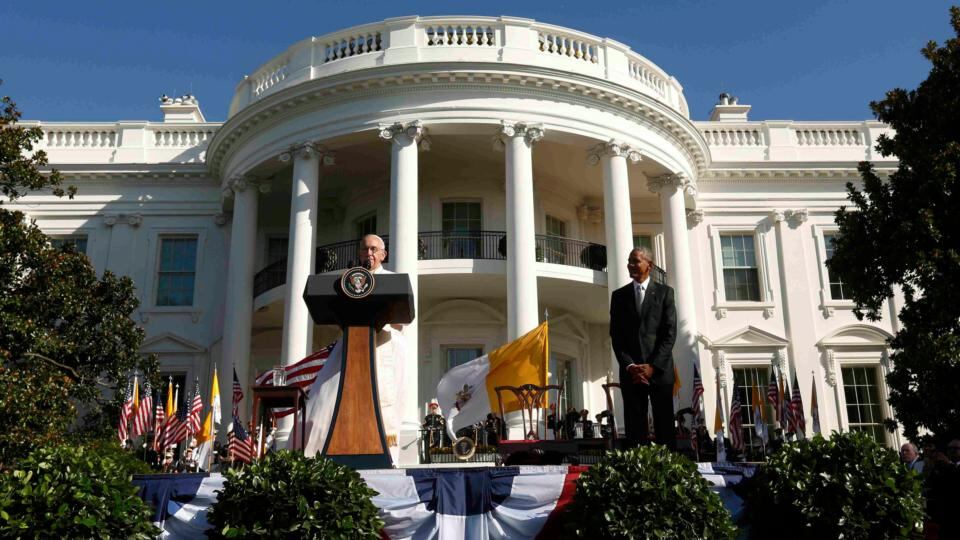 US president Barack Obama (right) listens as Pope Francis speaks during an arrival ceremony for the pope at the White House in Washington on Wednesday. Photograph: Reuters