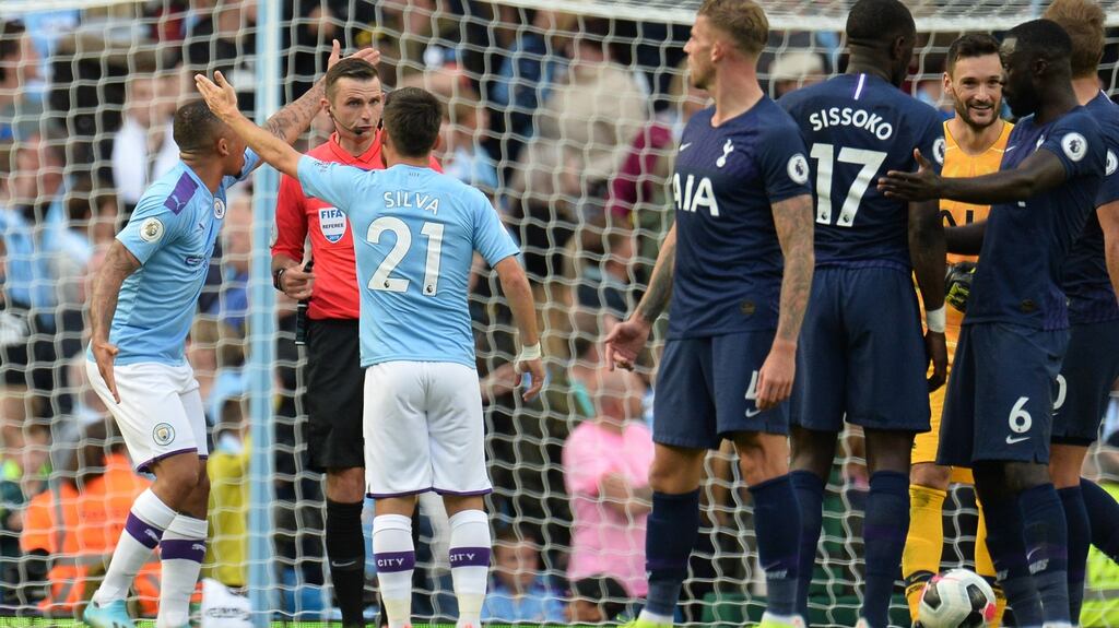 Manchester City duo Gabriel Jesus and David Silva remonstrate with referee Michael Oliver after Jesus’s late goal was ruled out by VAR in the Premier League game against Tottenham Hotspur at the Etihad Stadium. Photograph:  Peter Powell/EPA