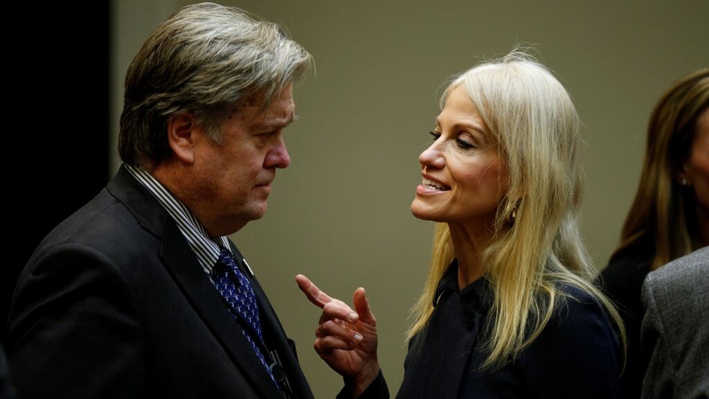 Donald Trump’s chief strategist Steve Bannon and senior aide Kellyanne Conway speak at meeting hosted by the US president with cyber security experts in the Roosevelt Room of the White House on January 31st. Photograph: Kevin Lamarque/Reuters