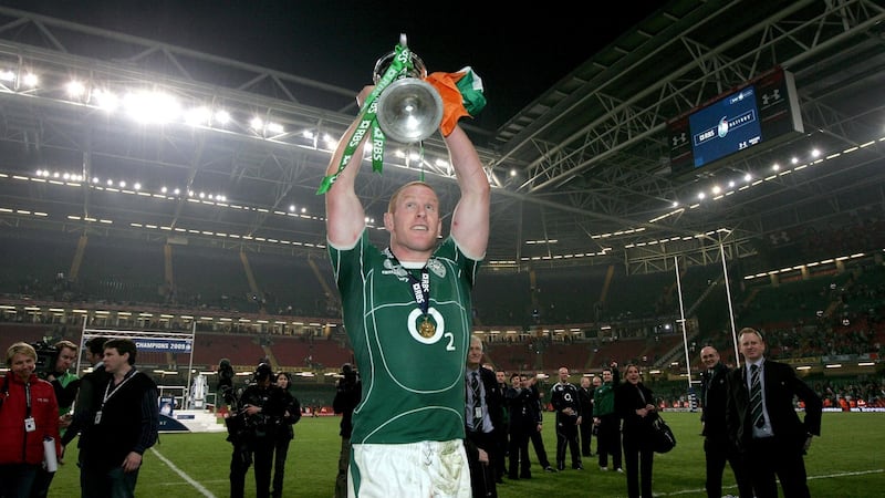 Paul O’Connell celebrates Ireland’s Grand Slam victory after their win over Wales in 2009. Photograph: Morgan Treacy/Inpho