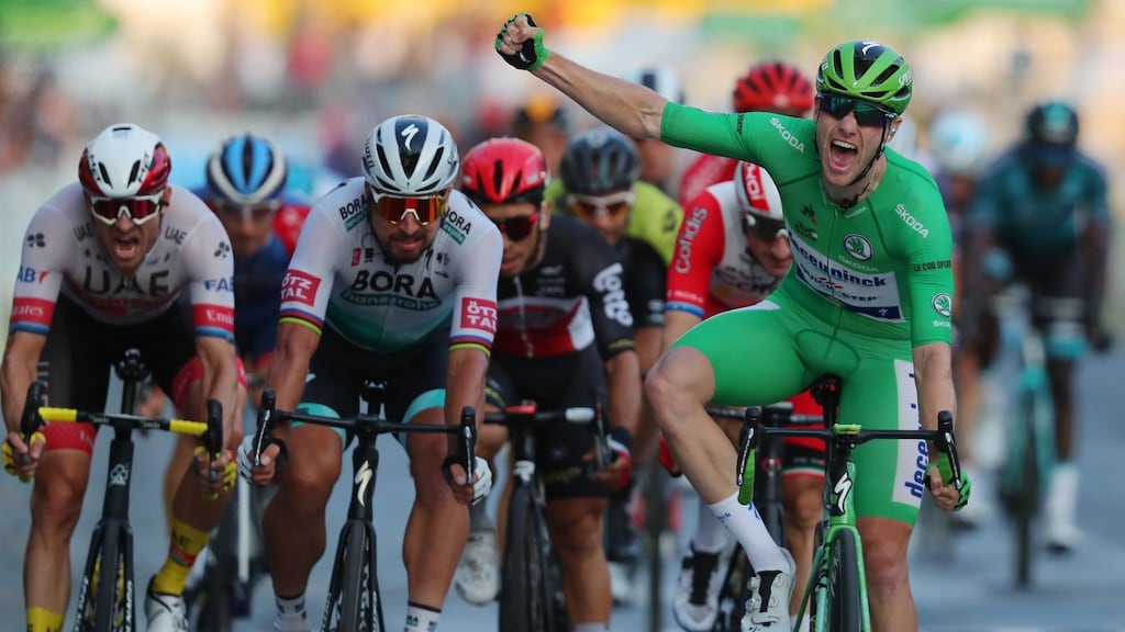 Sam Bennett winning the final stage of the Tour de France in Paris last year to secure the green jersey. Photograph: Thibault Camus/AFP via Getty Images